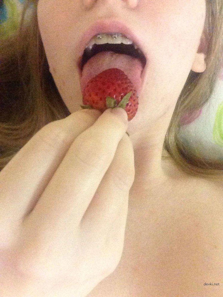 Amateur Girl Masturbates with Strawberry - Explicit Solo Porn Photo