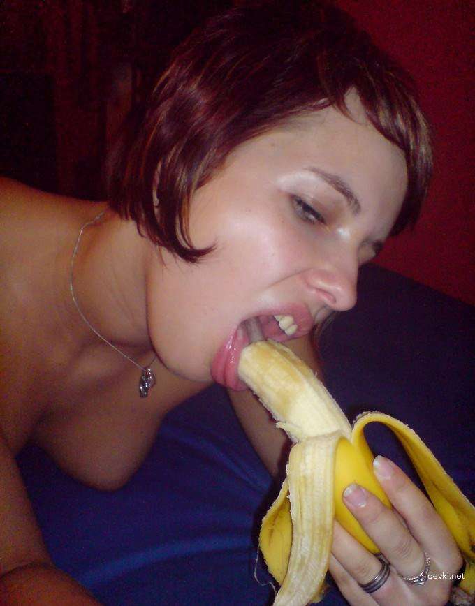 Brunette Masturbates Pussy with Vibrator and Banana - Amateur Porn Pic