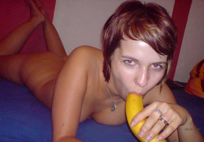 Brunette Masturbates Pussy with Vibrator and Banana - Amateur Porn Pic