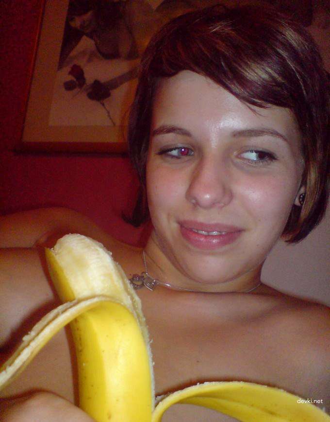 Brunette Masturbates Pussy with Vibrator and Banana - Amateur Porn Pic