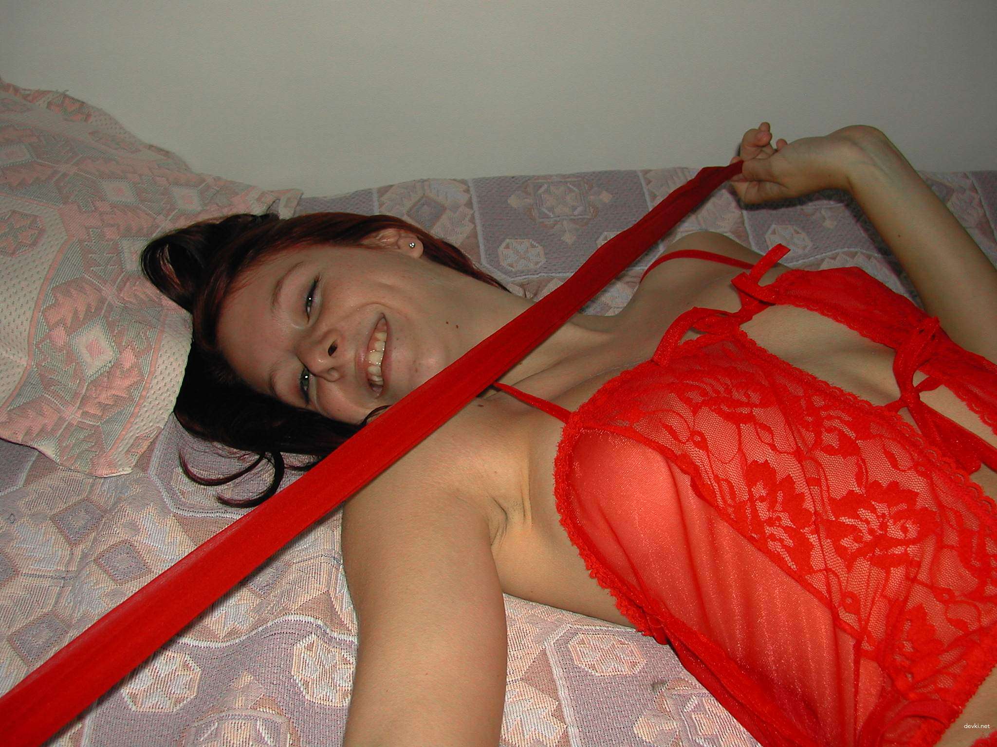 Redhead in Red Lingerie Masturbates - Amateur Porn Photo