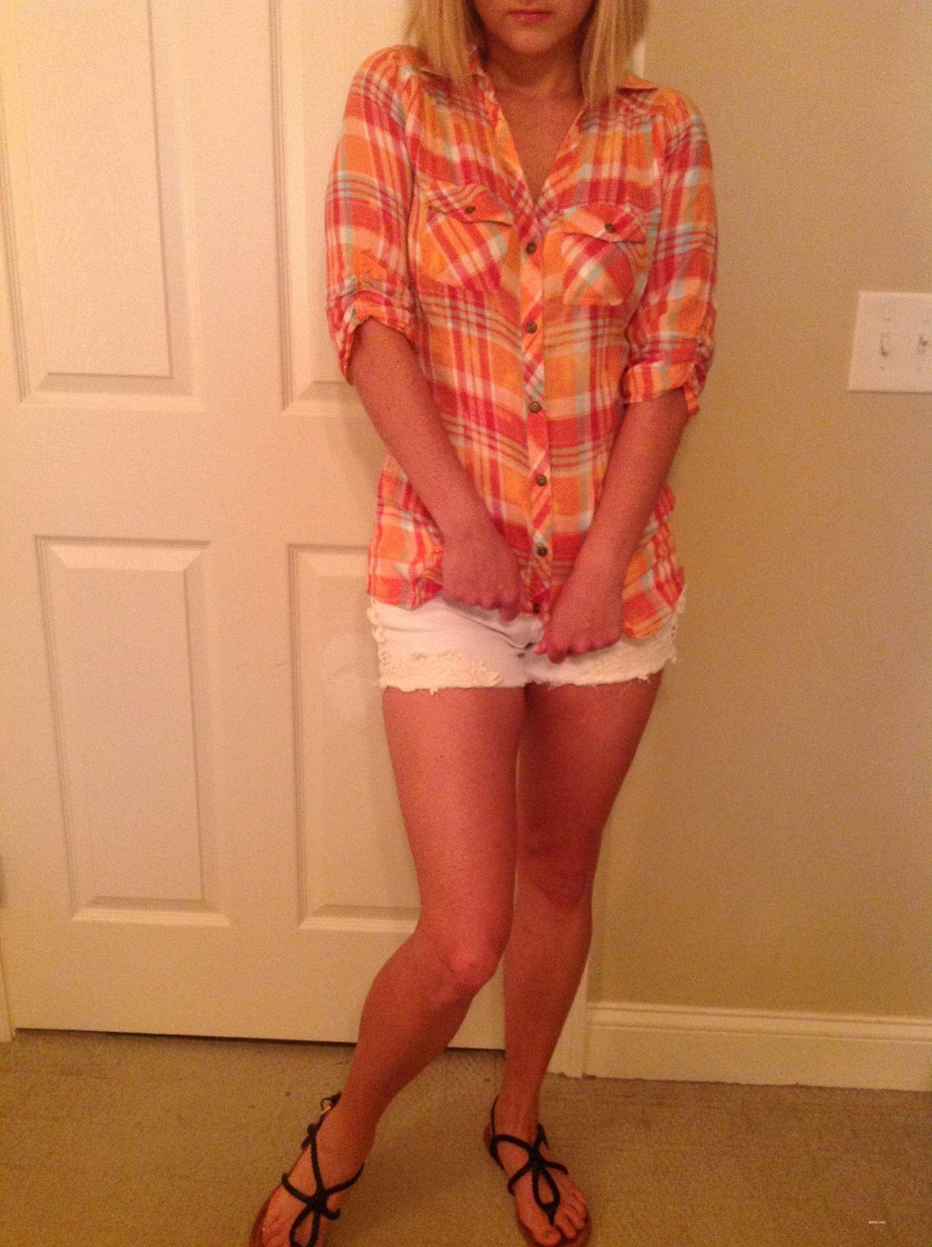 Blonde in White Shorts and Plaid Shirt: Explicit Amateur Photo Shoot