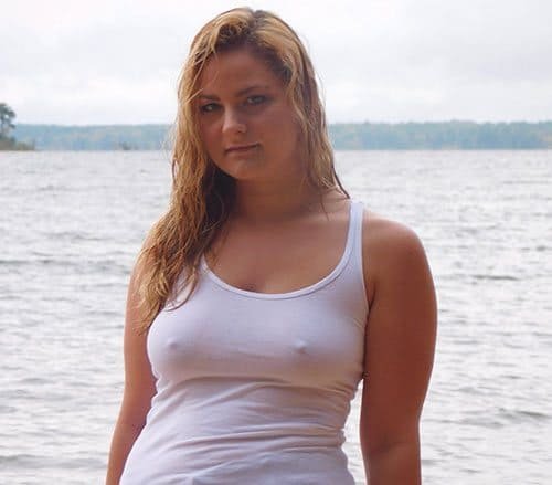 Seductive Girl in Wet Tank Top and Thong by Lake - Amateur Photo