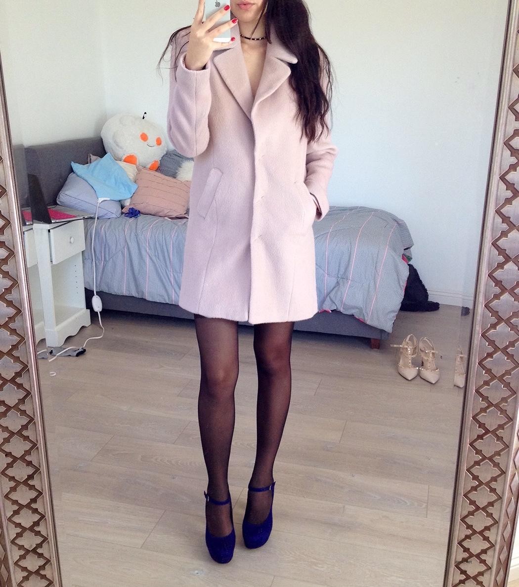 Brunette in Coat and Stockings Exposed: Amateur Explicit Photo Shoot