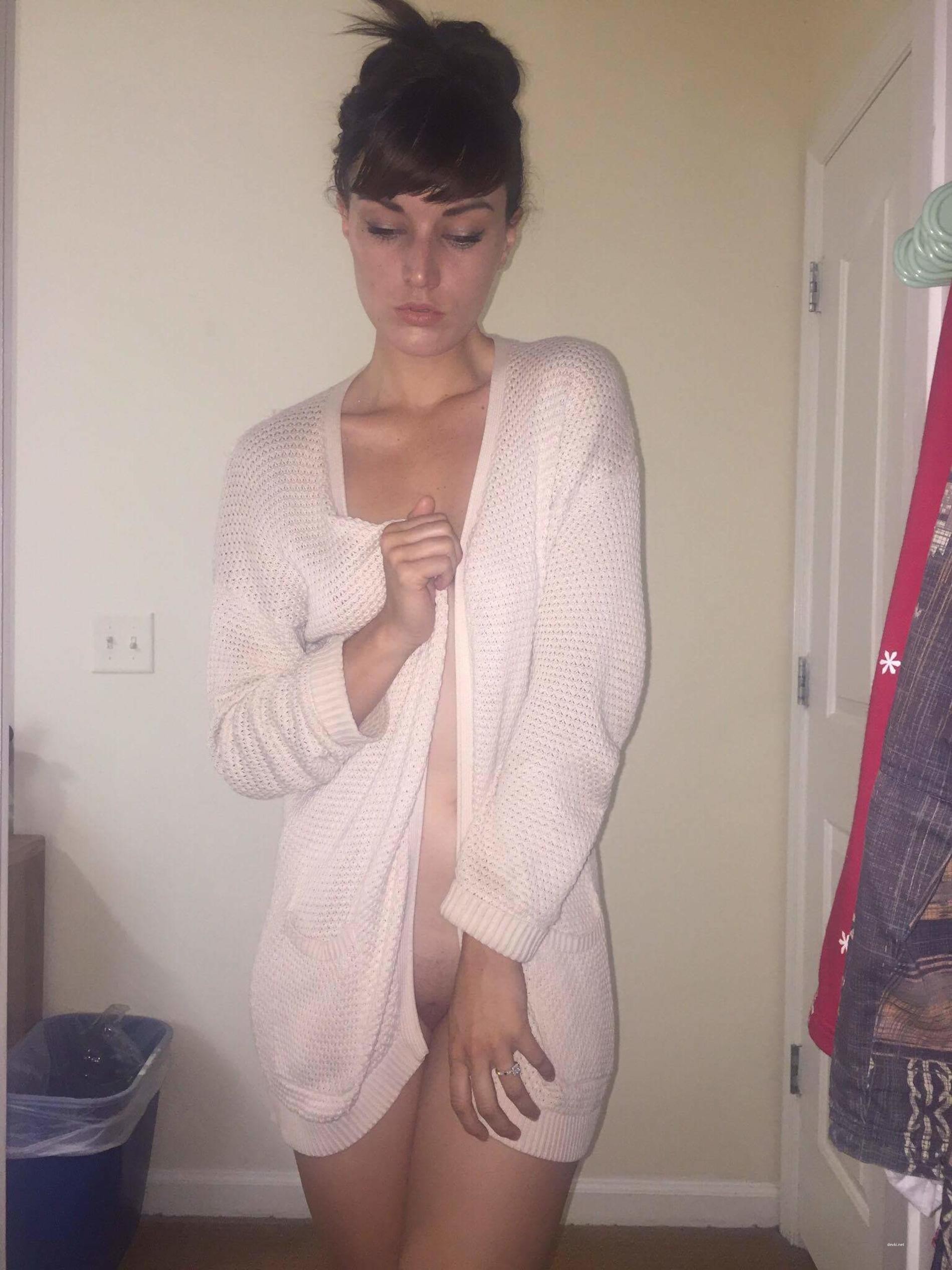 Seductive Brunette in White Robe - Amateur Explicit Photo