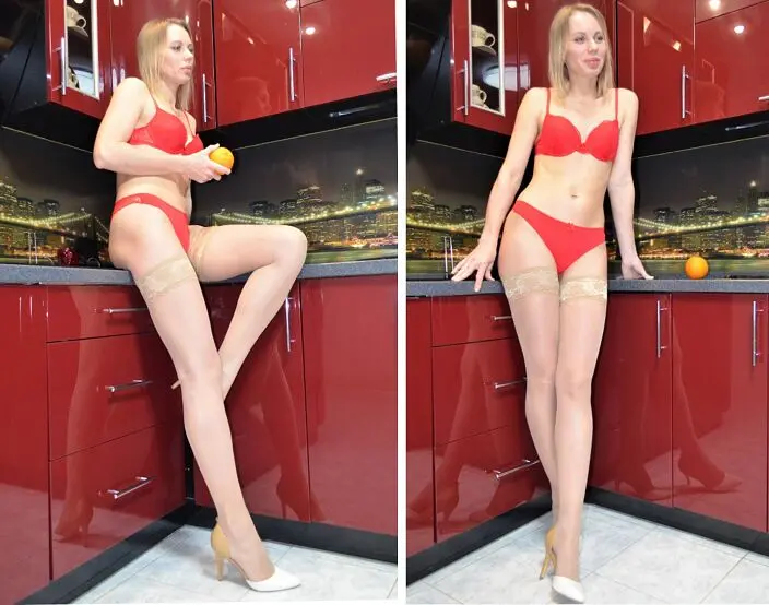 Seductive Long-legged Girl Poses Erotically, Showing Off Her Assets